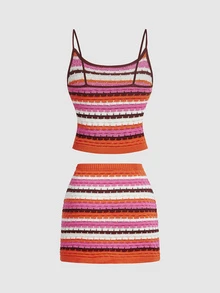 SHEIN MOD Women's Vacation Colorblock Camisole Top And Mini Skirt Sweater 2 Pieces Set - Multicolor - View 6