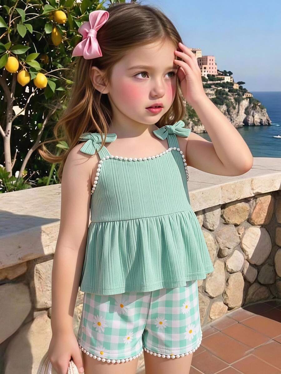 SHEIN 2pcs Baby Girl Toddler Newborn 0-3Y Red And White Plaid Summer Cute Vacation Mint Green Plaid Shorts & Bow Camisole Top Set Comfortable Summer Outfit - Mint Green - View 1