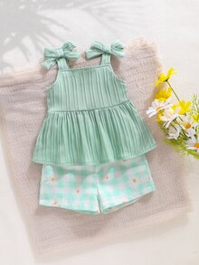 SHEIN 2pcs Baby Girl Toddler Newborn 0-3Y Red And White Plaid Summer Cute Vacation Mint Green Plaid Shorts & Bow Camisole Top Set Comfortable Summer Outfit - Mint Green - View 8