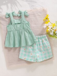 SHEIN 2pcs Baby Girl Toddler Newborn 0-3Y Red And White Plaid Summer Cute Vacation Mint Green Plaid Shorts & Bow Camisole Top Set Comfortable Summer Outfit - Mint Green - View 2