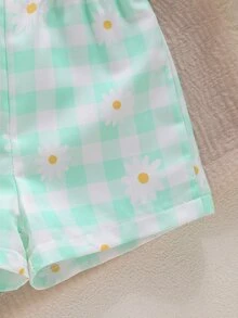 SHEIN 2pcs Baby Girl Toddler Newborn 0-3Y Red And White Plaid Summer Cute Vacation Mint Green Plaid Shorts & Bow Camisole Top Set Comfortable Summer Outfit - Mint Green - View 7