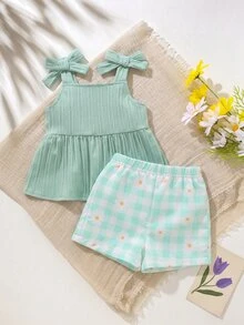 SHEIN 2pcs Baby Girl Toddler Newborn 0-3Y Red And White Plaid Summer Cute Vacation Mint Green Plaid Shorts & Bow Camisole Top Set Comfortable Summer Outfit - Mint Green - View 3