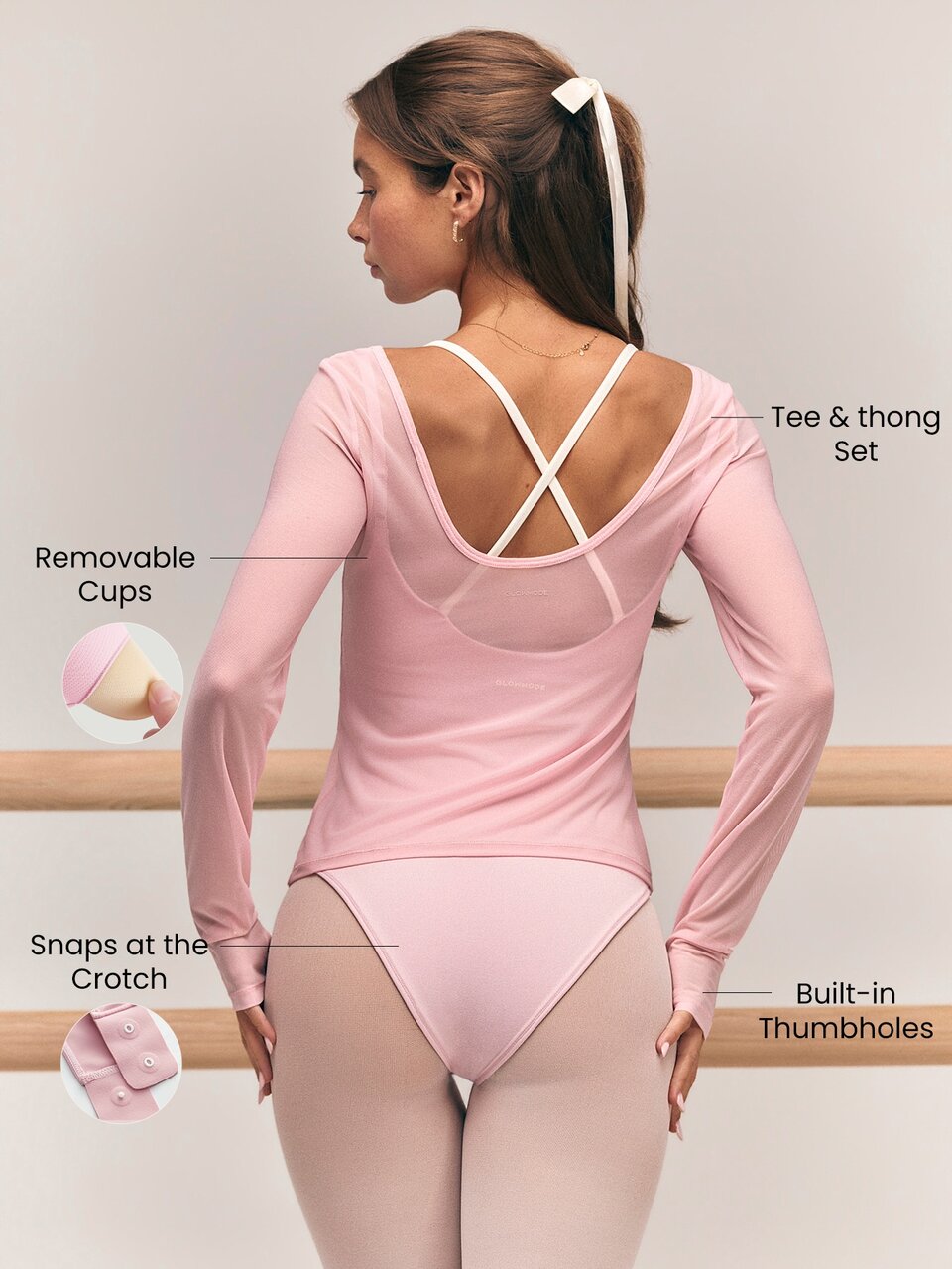 2 Piece Mesh Layered Bodysuit With Thumbholes Adjustable Straps & Crotch Closure Set Barre Studio Daily Casual
