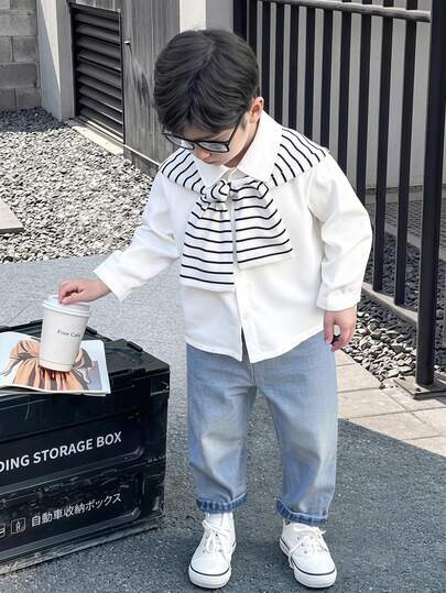 SHEIN Explorewe 2pcs Set:Young Boy White Summer Career Day Back-To-School Casual Button-Up Shirt Shawl Collar Elastic Waist Distressed Jeans Outfits Autumn Birthday