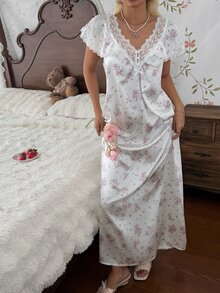 CottageSlumber White Background Pink Floral Lace Collar And Cuffs Long Women's Loungewear Dress - White - View 4