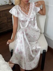 CottageSlumber White Background Pink Floral Lace Collar And Cuffs Long Women's Loungewear Dress - White - View 6