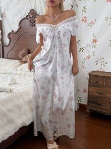 CottageSlumber White Background Pink Floral Lace Collar And Cuffs Long Women's Loungewear Dress - White - View 2