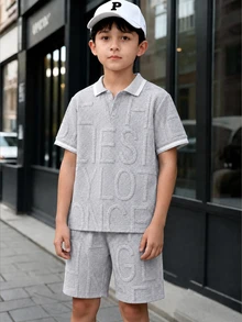 Tween Boys Summer Grey Casual Minimalist Jacquard Colorblock Short Sleeve Top And Shorts Set, Loose Comfortable Fit, Daily Outings, School Vacation - Grey - View 8