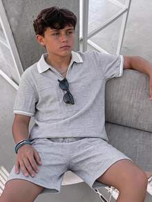 Tween Boys Summer Grey Casual Minimalist Jacquard Colorblock Short Sleeve Top And Shorts Set, Loose Comfortable Fit, Daily Outings, School Vacation - Grey - View 2