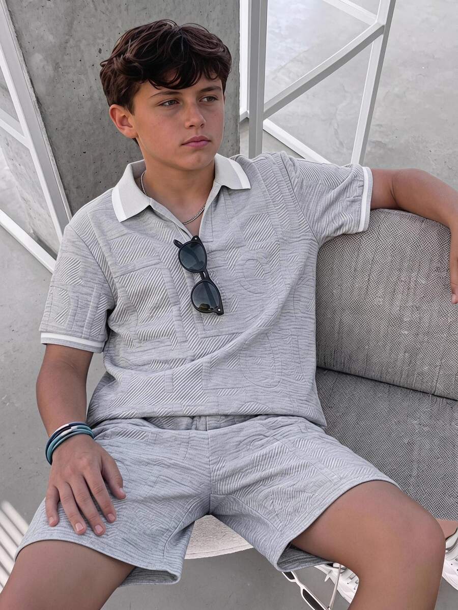 Tween Boys Summer Grey Casual Minimalist Jacquard Colorblock Short Sleeve Top And Shorts Set, Loose Comfortable Fit, Daily Outings, School Vacation