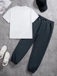 Coolqubz 2pcs/Set Boys' Graphic Round Neck T-Shirt And Casual Sports Pants, Summer - Grey - View 2