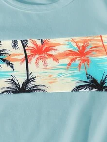 SHEIN 2pcs/Set Young Boy Casual Printed Short Sleeve Round Neck T-Shirt And Shorts Set,Suitable For Summer,Beach,Holiday,Daily Leisure,Sports&Outdoors - Baby Blue - View 5