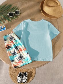 SHEIN 2pcs/Set Young Boy Casual Printed Short Sleeve Round Neck T-Shirt And Shorts Set,Suitable For Summer,Beach,Holiday,Daily Leisure,Sports&Outdoors - Baby Blue - View 2