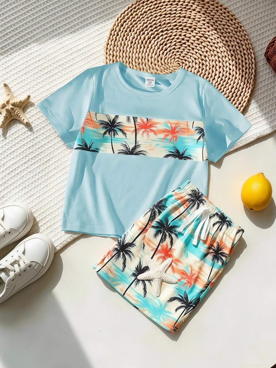 SHEIN 2pcs/Set Young Boy Casual Printed Short Sleeve Round Neck T-Shirt And Shorts Set,Suitable For Summer,Beach,Holiday,Daily Leisure,Sports&Outdoors - Baby Blue - View 1