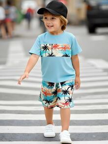 SHEIN 2pcs/Set Young Boy Casual Printed Short Sleeve Round Neck T-Shirt And Shorts Set,Suitable For Summer,Beach,Holiday,Daily Leisure,Sports&Outdoors - Baby Blue - View 3