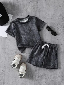 SHEIN 2pcs/Set Young Boy Casual Solid Color T-Shirt + Shorts, Suitable For Daily Wear, School, Travel, Outdoor Play In Summer - Black - View 4