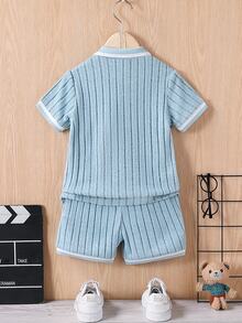 SHEIN 2pcs/Set Young Boy Contrast Trim Short Sleeve Top And Shorts Set, School, Campus, College - Baby Blue - View 2