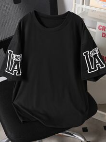 Coolqubz 1pc Black Short Sleeve T-Shirt,Summer Streetwear Retro American Style Loose Fit Round Neck Casual Top,LA 1987 Letter Print,School Back-To-School Tee - Black - View 7