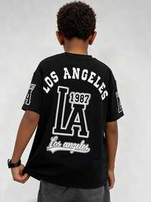 Coolqubz 1pc Black Short Sleeve T-Shirt,Summer Streetwear Retro American Style Loose Fit Round Neck Casual Top,LA 1987 Letter Print,School Back-To-School Tee - Black - View 3