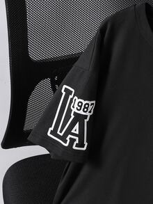 Coolqubz 1pc Black Short Sleeve T-Shirt,Summer Streetwear Retro American Style Loose Fit Round Neck Casual Top,LA 1987 Letter Print,School Back-To-School Tee - Black - View 6