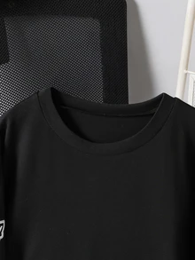 Coolqubz 1pc Black Short Sleeve T-Shirt,Summer Streetwear Retro American Style Loose Fit Round Neck Casual Top,LA 1987 Letter Print,School Back-To-School Tee - Black - View 4