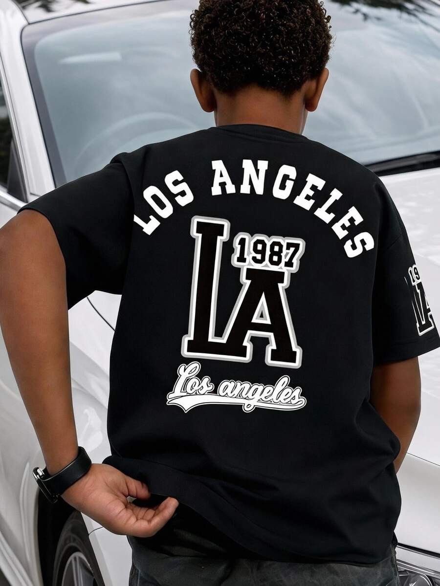 Coolqubz 1pc Black Short Sleeve T-Shirt,Summer Streetwear Retro American Style Loose Fit Round Neck Casual Top,LA 1987 Letter Print,School Back-To-School Tee - Black - View 1