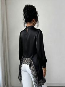 Modelyn Satin Drape Lace Patchwork Stand Collar Asymmetrical Long Sleeve Women's Elegant Fashion Personality Blouse - Black - View 6
