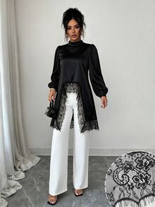 Modelyn Satin Drape Lace Patchwork Stand Collar Asymmetrical Long Sleeve Women's Elegant Fashion Personality Blouse - Black - View 5