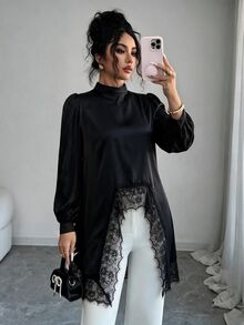 Modelyn Satin Drape Lace Patchwork Stand Collar Asymmetrical Long Sleeve Women's Elegant Fashion Personality Blouse - Black - View 8
