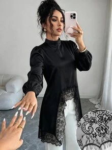 Modelyn Satin Drape Lace Patchwork Stand Collar Asymmetrical Long Sleeve Women's Elegant Fashion Personality Blouse - Black - View 4