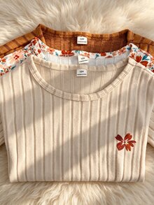 SHEIN Vintaside Kids 青少年女孩秋季套裝 3件/套 溫柔復古風，花卉長袖上衣、修身長褲，秋季返校穿搭 - 彩色 - 查看 8