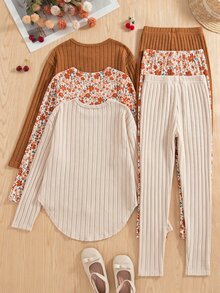 SHEIN Vintaside Kids 青少年女孩秋季套裝 3件/套 溫柔復古風，花卉長袖上衣、修身長褲，秋季返校穿搭 - 彩色 - 查看 3