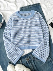 SHEIN Tween Girl Striped Round Neck Long Sleeve Hollow Out Loose Sweater - Multicolor - View 1