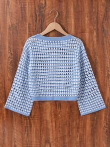 SHEIN Tween Girl Striped Round Neck Long Sleeve Hollow Out Loose Sweater - Multicolor - View 2