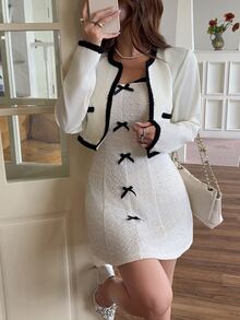 Feyla Elegant Commute Bow Strap Dress With Contrast Trim Cropped Jacket 2 Pieces Set - Apricot - View 6