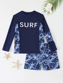 SHEIN 大童男孩泳裝，海軍藍椰子樹印花防曬衝浪衣搭配短褲，夏季休閒熱帶度假海灘穿著，適合8歲男孩 - 彩色 - 查看 3