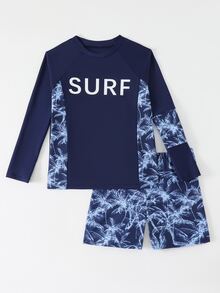 SHEIN 大童男孩泳裝，海軍藍椰子樹印花防曬衝浪衣搭配短褲，夏季休閒熱帶度假海灘穿著，適合8歲男孩 - 彩色 - 查看 4