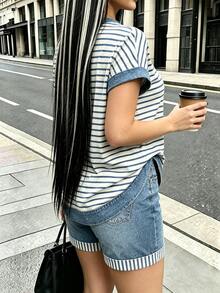 Rovax 女款條紋圓領短袖T恤與短褲休閒兩件套 - 彩色 - 查看 2
