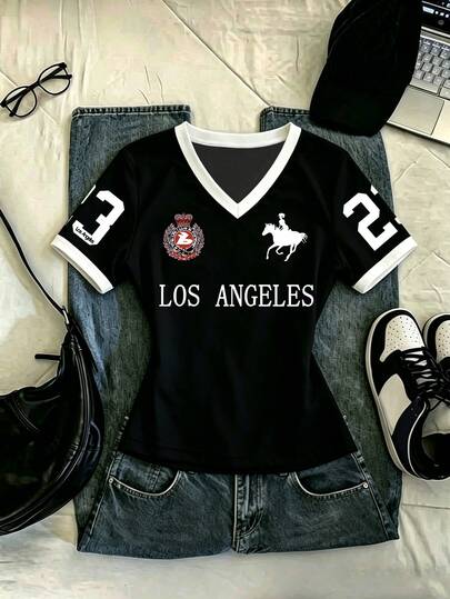 Rovax Summer Casual Letter Print V-Neck Slim Fit Short Sleeve T-Shirt