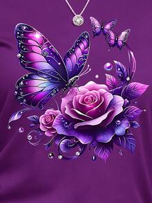 Rovax Kaos Wanita Lengan Pendek Leher Bulat dengan Motif Kupu-kupu, Model Bahu Longgar, Musim Panas - Purple - View 5