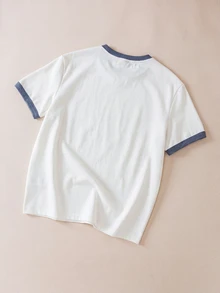 FROVYX Men's Letter Slogan Contrast Trim Short Sleeve T-Shirt, Casual & Fashionable - White - View 2