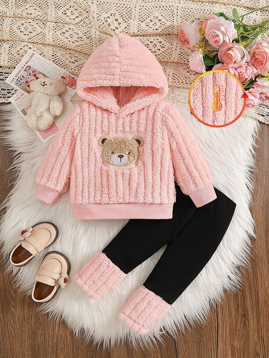 SHEIN Souflis 2件組女嬰粉色保暖內裡加厚連帽熊刺繡長袖打底褲褲裝，可愛休閒韓風保暖毛絨套裝，適合冬季日常外出或室內場合，百搭穿搭