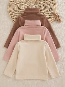 SHEIN 女童 4-8 歲高領奶油色、淺粉色、深粉色 3 件組薄刷毛長袖 T 恤，百搭百搭，適合日常穿著、外出、上學及其他場合 - 彩色 - 查看 3
