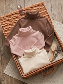 SHEIN 女童 4-8 歲高領奶油色、淺粉色、深粉色 3 件組薄刷毛長袖 T 恤，百搭百搭，適合日常穿著、外出、上學及其他場合 - 彩色 - 查看 5