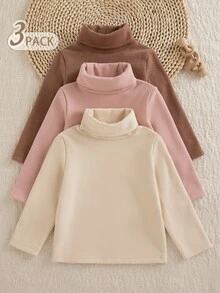 SHEIN 女童 4-8 歲高領奶油色、淺粉色、深粉色 3 件組薄刷毛長袖 T 恤，百搭百搭，適合日常穿著、外出、上學及其他場合 - 彩色 - 查看 4