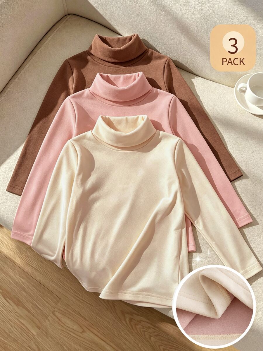 SHEIN 女童 4-8 歲高領奶油色、淺粉色、深粉色 3 件組薄刷毛長袖 T 恤，百搭百搭，適合日常穿著、外出、上學及其他場合