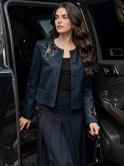 Anewsta Women's Fall/Winter Elegant Navy Blue Structured Shoulder 3D Floral Jacket For Business Office Ceremony