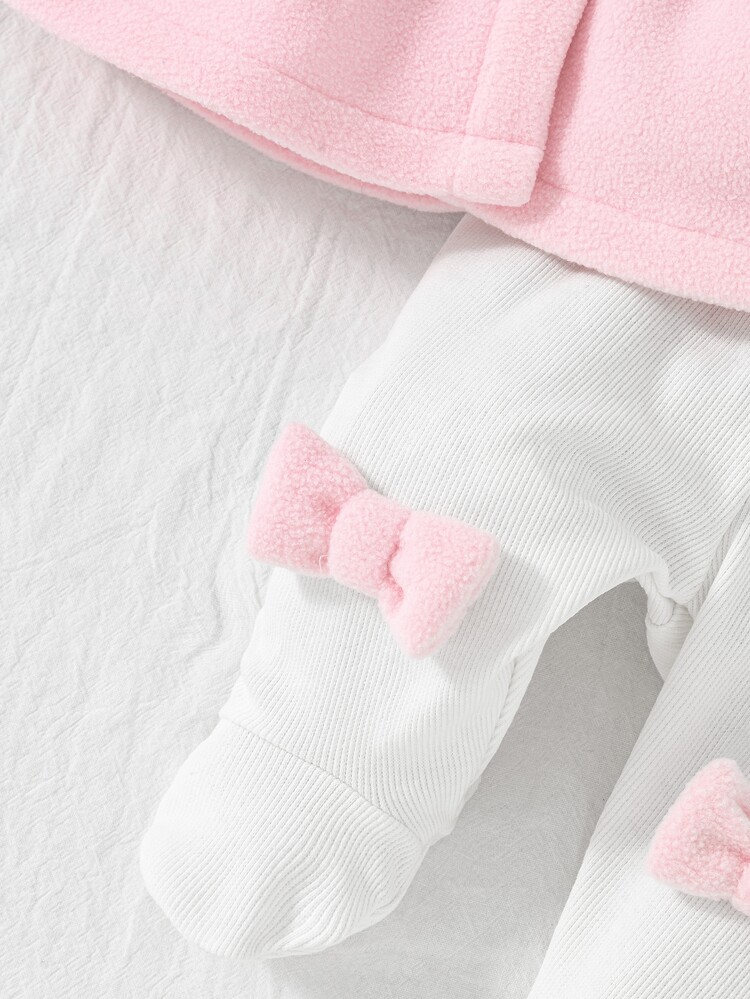 SHEIN Newborn Baby Girls 2pcs Fall Winter Outfits Fleece Peter Pan Collar Pink Top And Soft Breathable White Footed Pants Set With Bow Cute Infant Clothes - Baby Pink - View 5