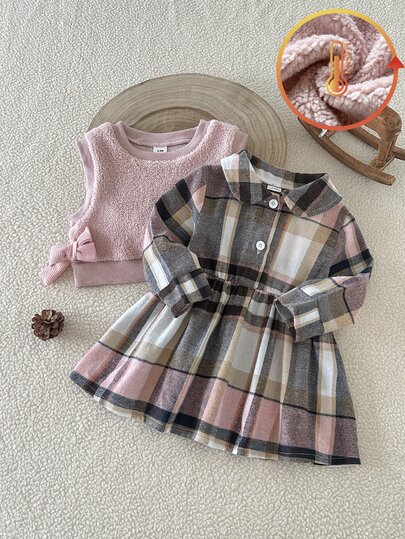 SHEIN 2pcs/Set Baby Girl Pink Fleece Lined Sleeveless Bow Vest Top + Plaid Collar Long Sleeve Shirt Dress Skirt A-Line Waist-Cinching Casual Cute Sweet Fashion Elegant Korean Style Outfit, Suitable For Spring And Autumn Daily Wear, Travel, Vacation, Party And Other Occasions