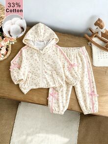 SHEIN 2件組 秋冬棉混紡女嬰外套褲子套裝，花卉連帽外套搭配同款長褲，側面蝴蝶結裝飾，時尚百搭休閒甜美戶外運動套裝 - 彩色 - 查看 3